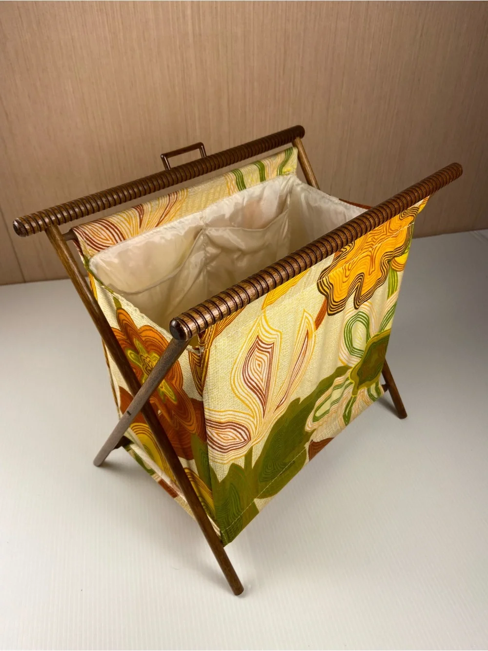 Vintage MCM Folding Magazine Rack Knitting Sewing Basket Mod Floral Wood Stand